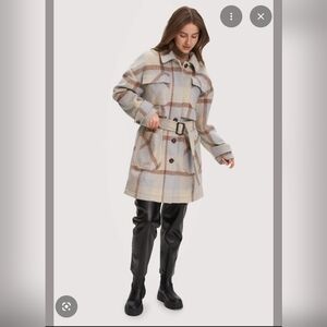 Noize Esly Beige, Brown and Light Blue Plaid Vegan Wool Coat Size L